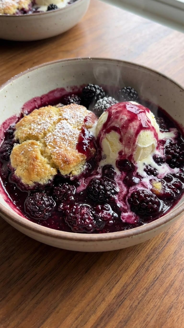 Baked blackberry cobbler with golden biscuit topping and bubbling purple fruit juice.