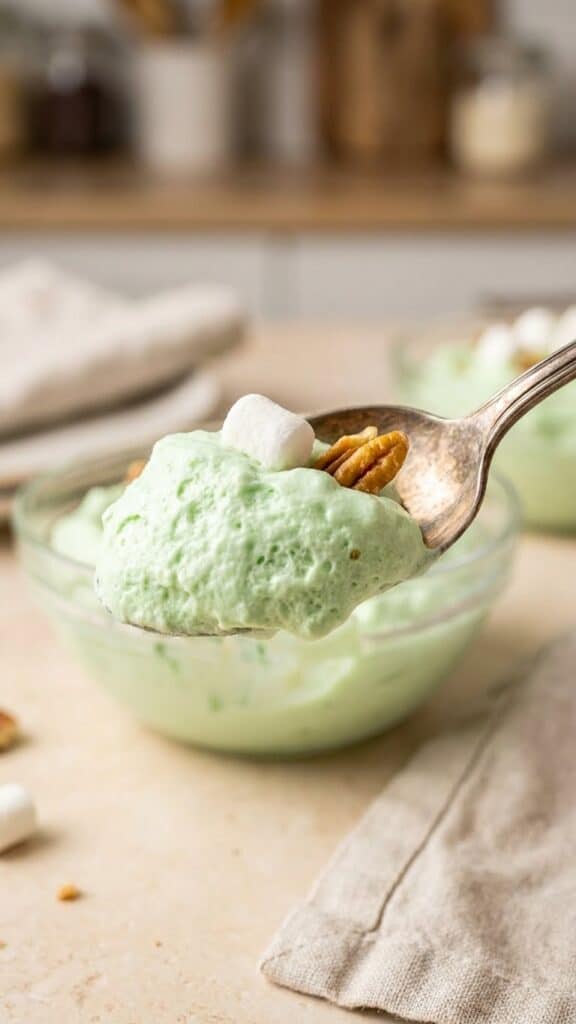 Close-up of a spoon lifting a bite of creamy pistachio fluff salad.