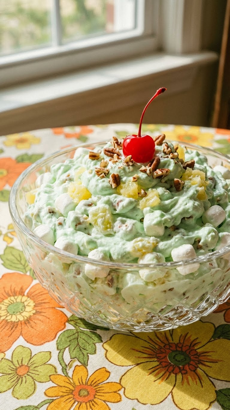 A glass bowl of fluffy green pistachio Watergate Salad topped with a cherry.