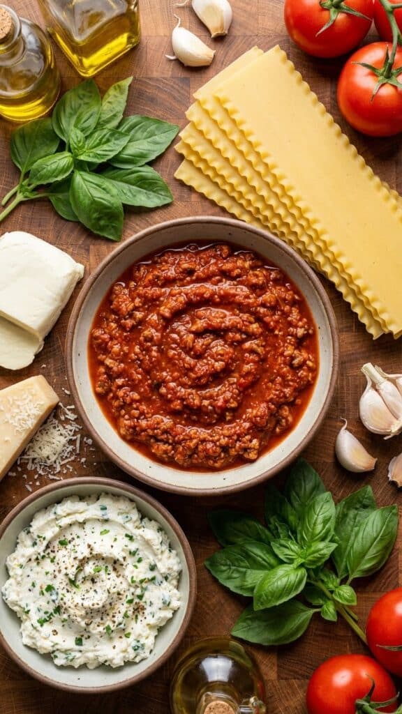 Raw ingredients for lasagna including a bowl of meat sauce, ricotta mixture, dry noodles, and various cheeses laid out on a wooden board.