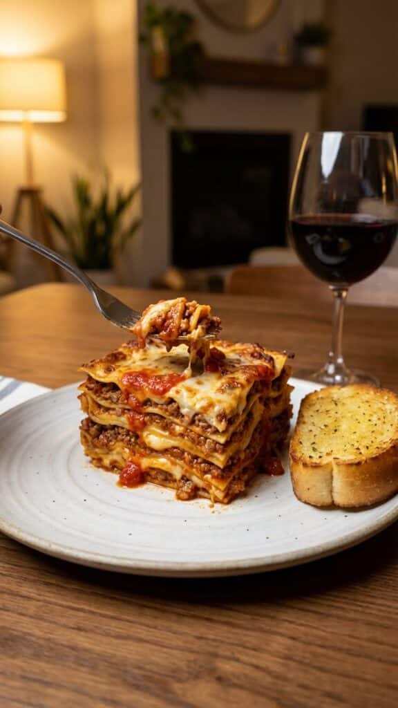 A tall, plated slice of lasagna served with garlic bread and red wine at a cozy dinner table.