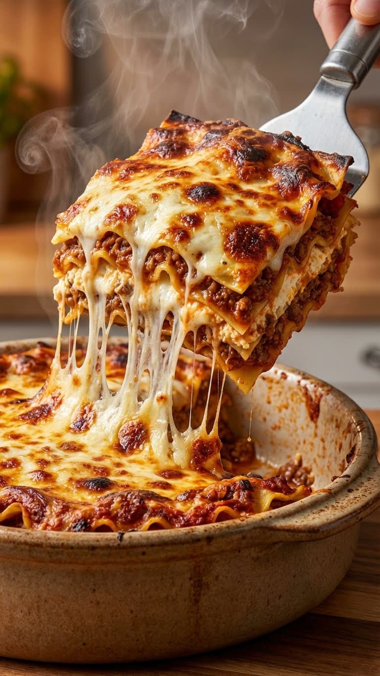 Close-up of a large slice of lasagna being lifted from a baking dish, showing a dramatic cheese pull and distinct layers of meat sauce and pasta.