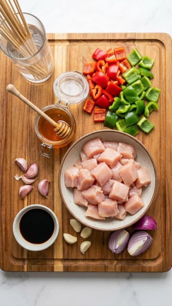 Ingredients for chicken skewers including raw chicken, peppers, onions, honey, soy sauce, and soaking wooden sticks.