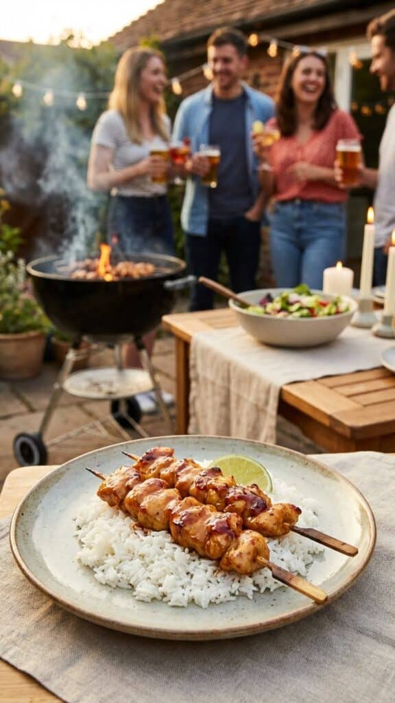 Honey chicken kabobs served over rice on a patio table with a grill in the background.