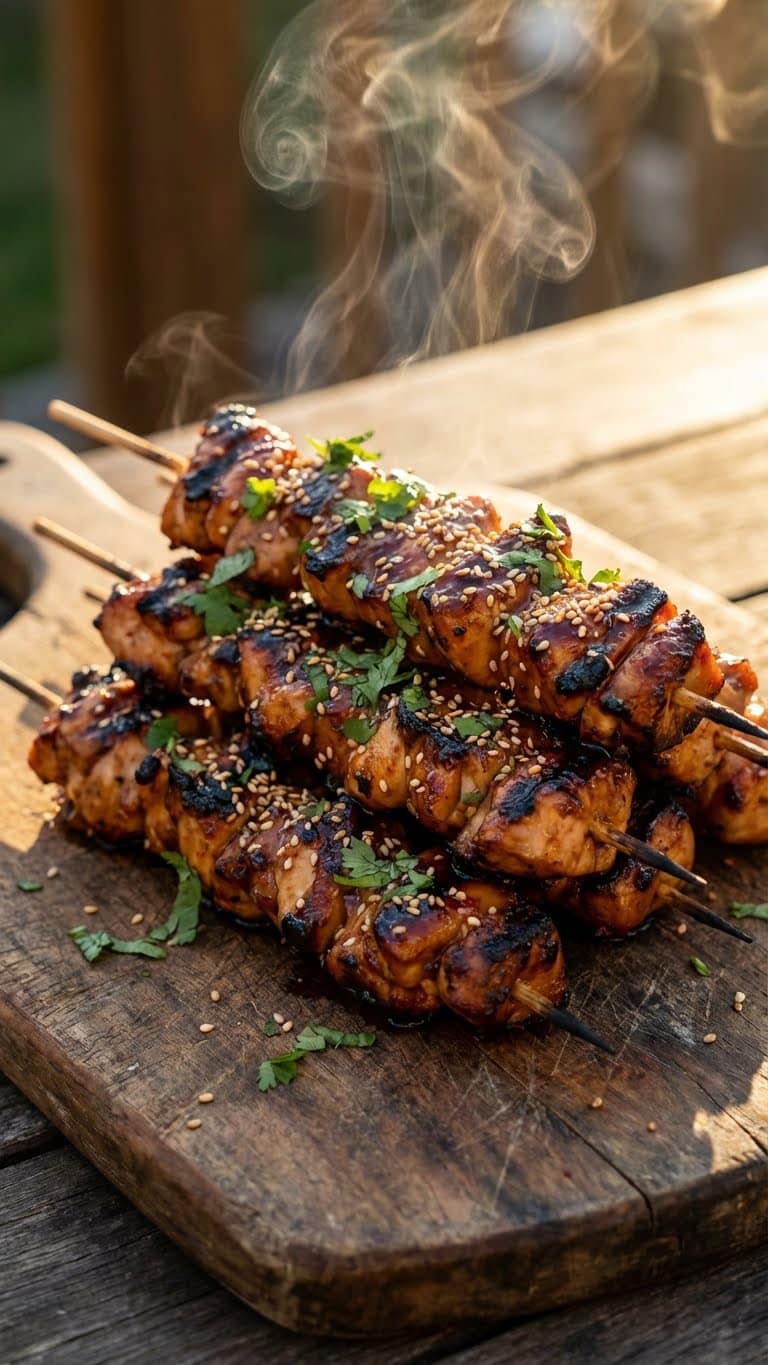 Close-up of grilled honey chicken skewers with charred edges and sticky glaze on a wooden board.