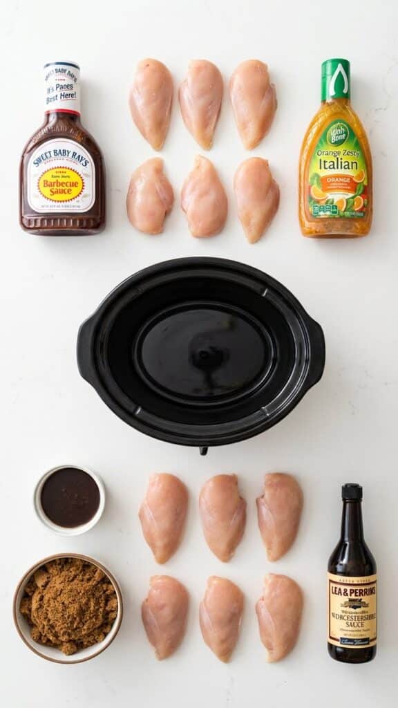 Flat lay of ingredients for zesty BBQ chicken including BBQ sauce, Italian dressing, and raw chicken.