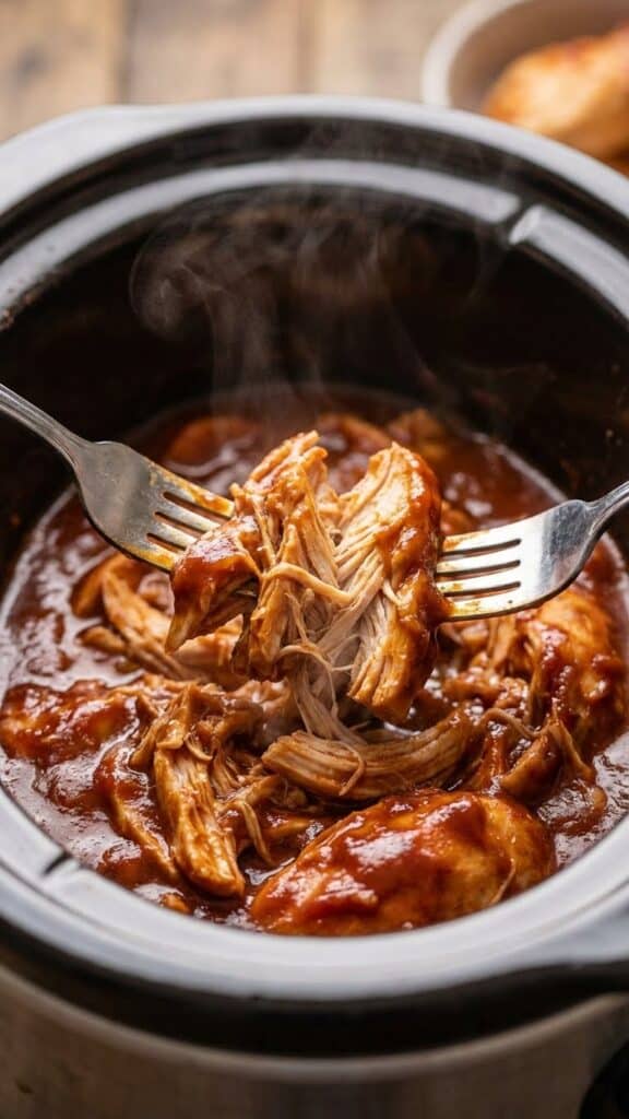 Close-up of forks shredding tender BBQ chicken in a slow cooker.