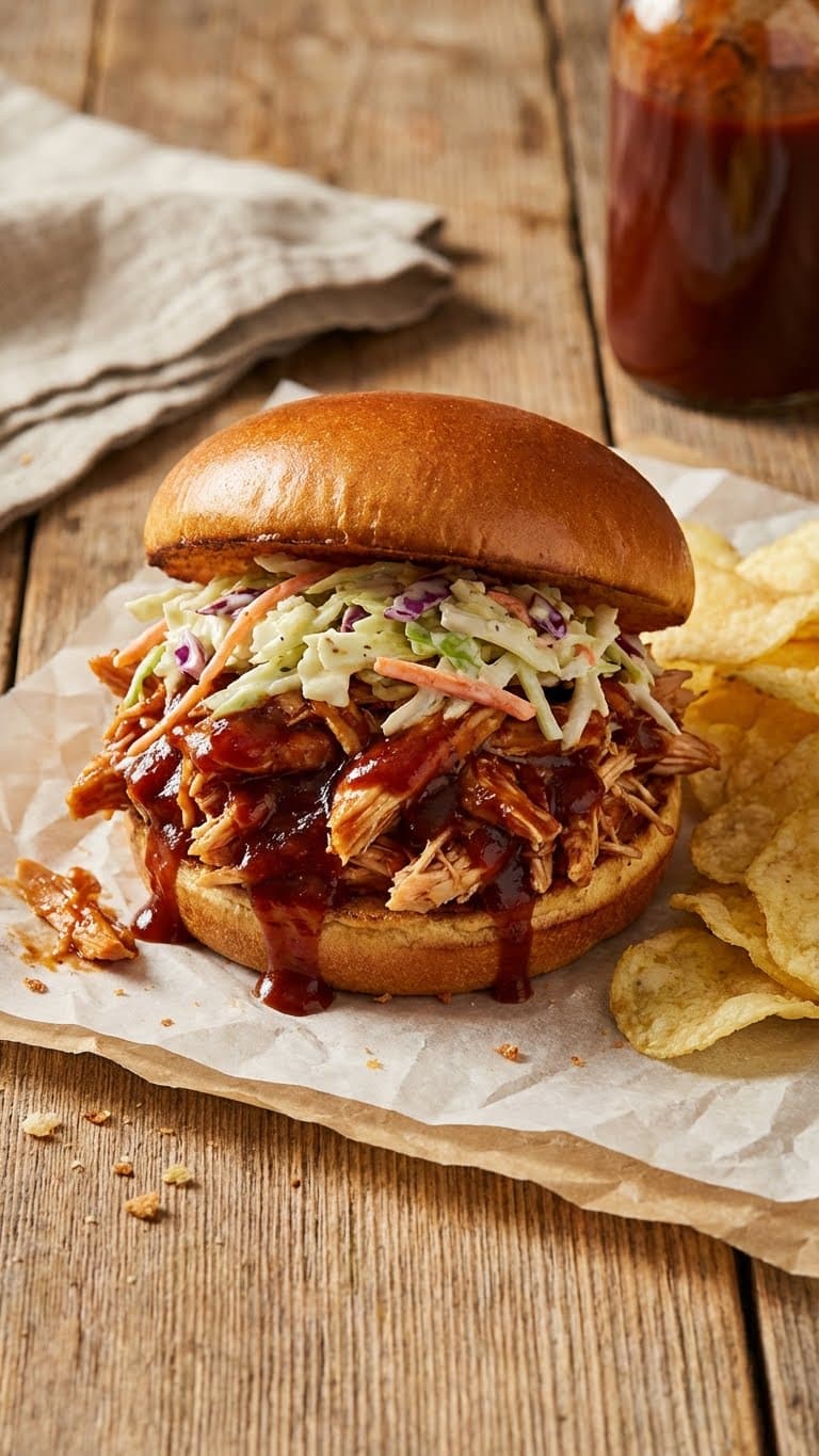 A messy shredded BBQ chicken sandwich topped with coleslaw on a brioche bun.