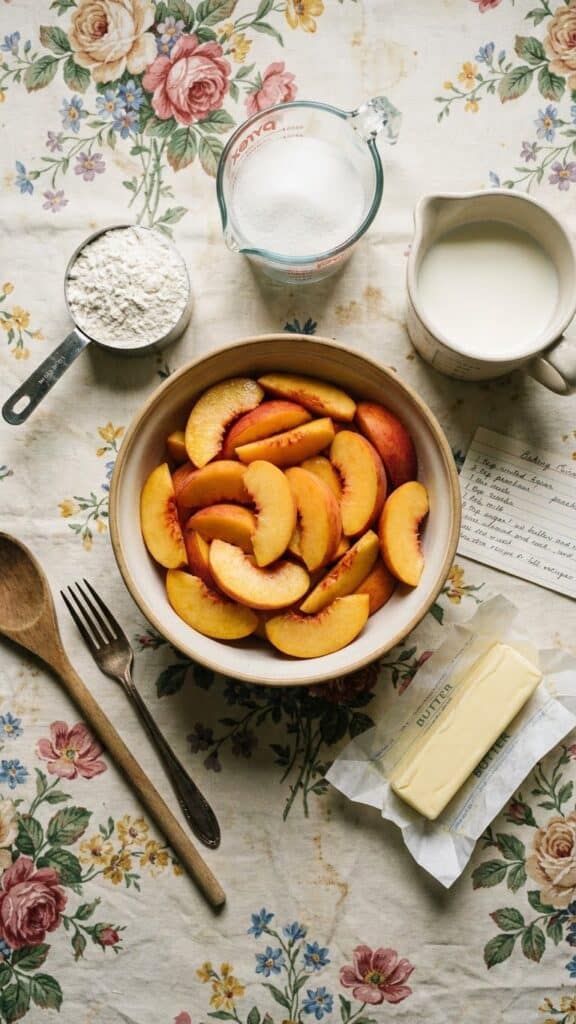 Ingredients for cuppa cobbler including one cup flour, one cup sugar, one cup milk, and peaches.