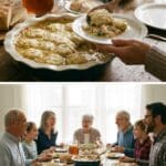 A baking dish of golden fruit cobbler being served at a family dinner table.