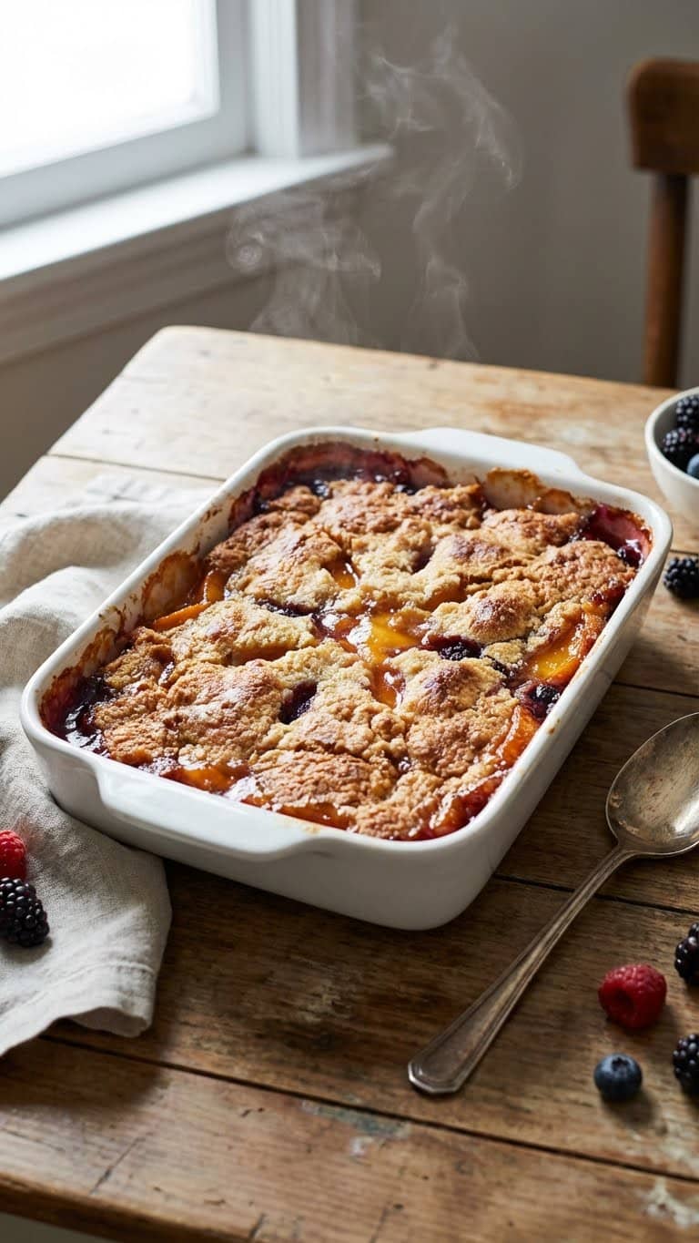 A bowl of warm peach cobbler with a golden crust and melting vanilla ice cream.