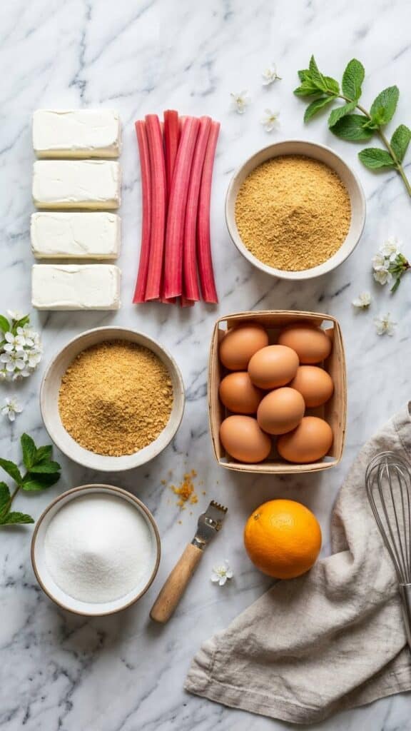 Flat lay of ingredients for rhubarb cheesecake including fresh rhubarb stalks and cream cheese.