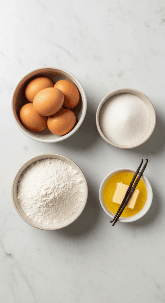 Overhead view of the four simple ingredients needed for the sponge cake: eggs, flour, sugar, and butter arranged on a marble surface.