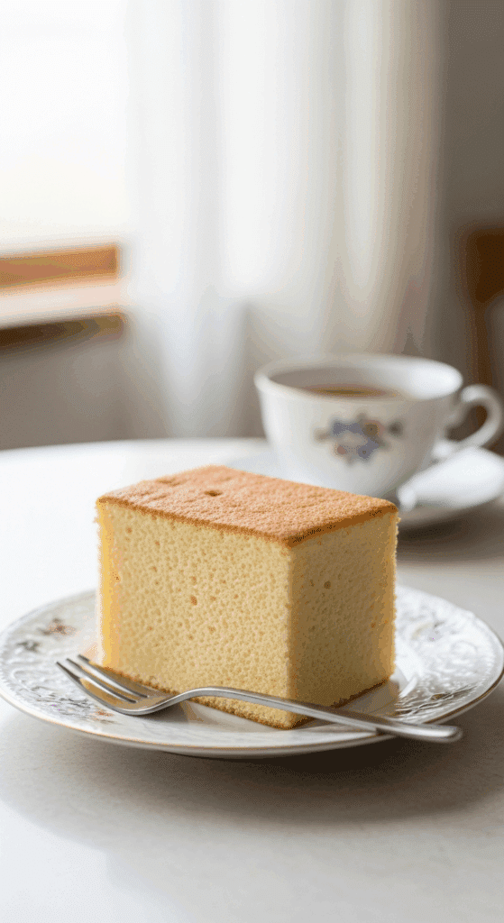 A plain slice of fluffy sponge cake served on a porcelain plate with a fork, next to a cup of tea in a gentle afternoon light setting.