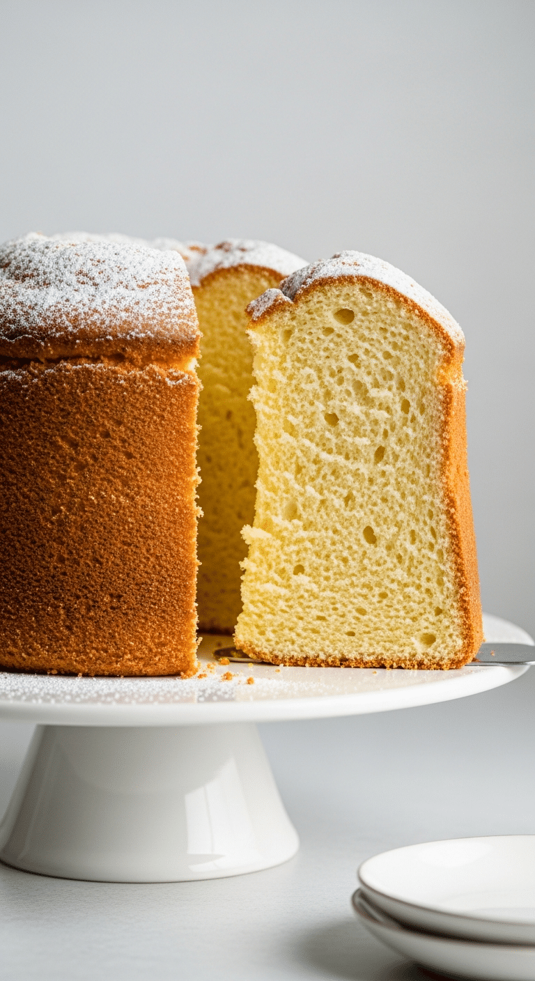 A tall, golden-brown sponge cake on a stand with a slice removed, showing an extremely light, airy, and fluffy interior crumb structure.