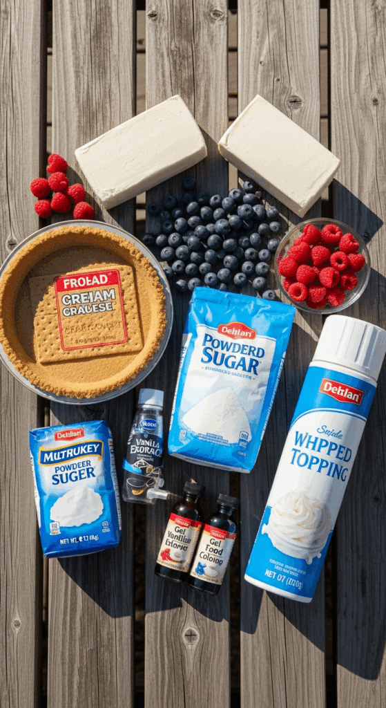 Ingredients for 4th of July swirl pie: pie crust, cream cheese, whipped topping, and food coloring.