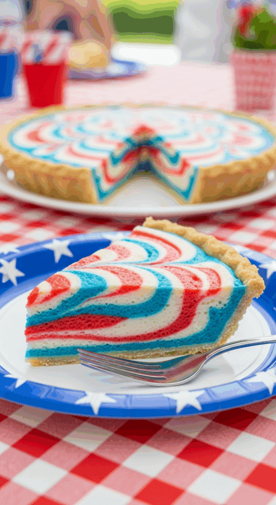 Slice of red, white, and blue marbled pie on a paper plate at a picnic.