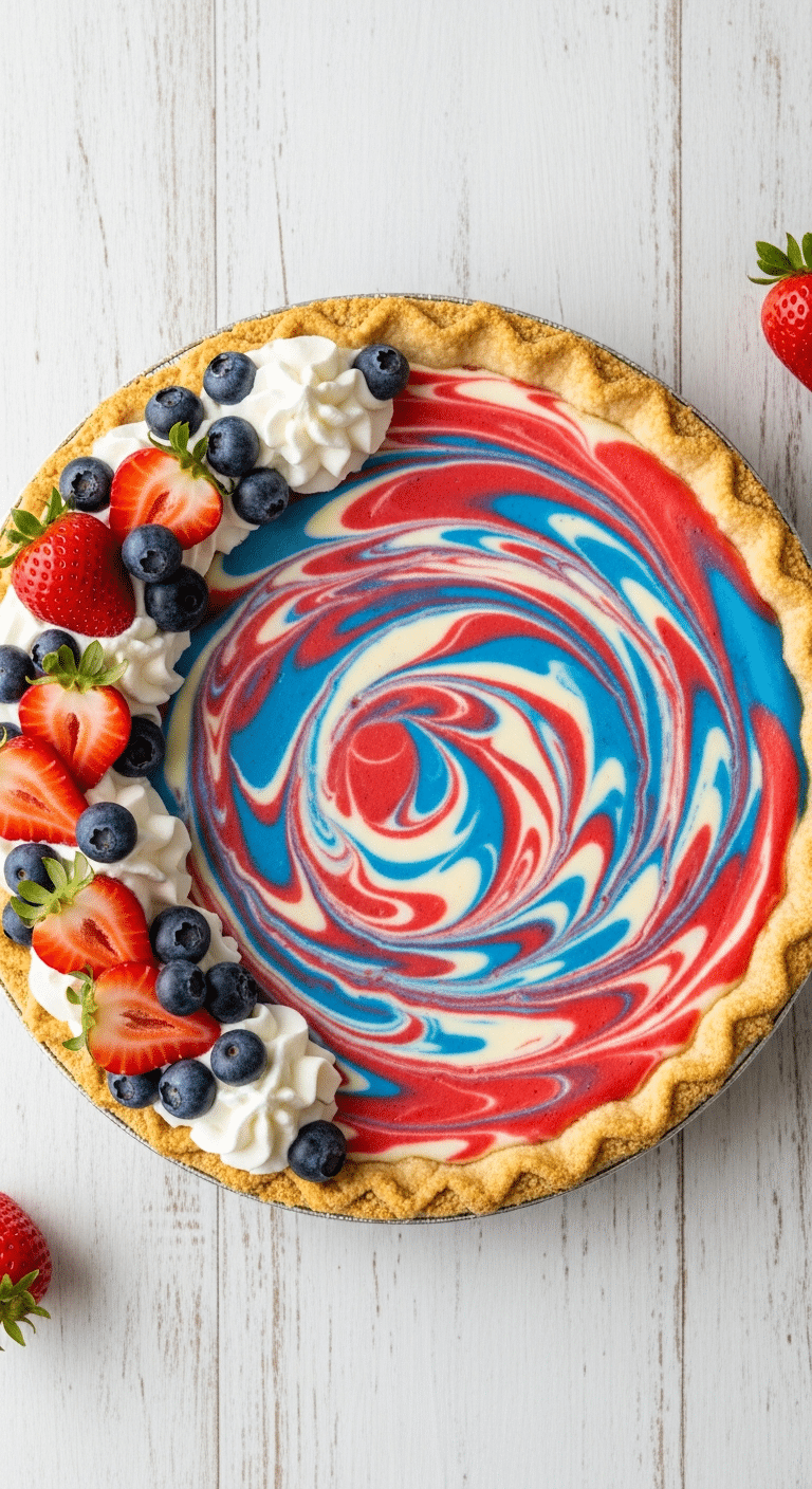Whole 4th of July pie with red, white, and blue swirled cheesecake filling topped with berries.