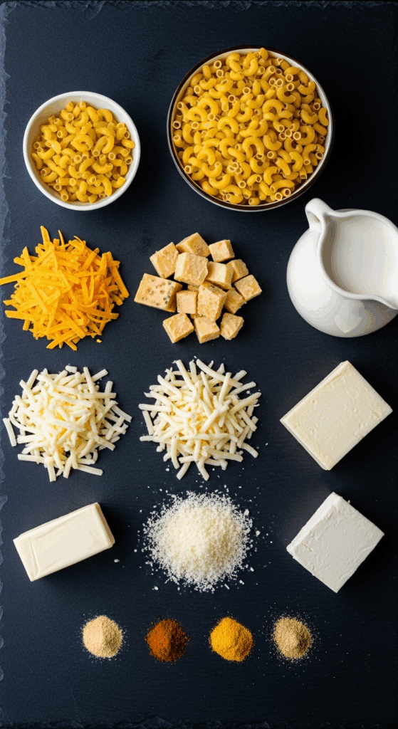 Overhead view of ingredients for 5-cheese pasta: raw macaroni, heavy cream, butter, and five different types of cheese arranged on a slate counter.