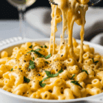 A bowl of creamy 5-cheese macaroni garnished with parsley and pepper, with a fork lifting a bite, set in a cozy dinner atmosphere.