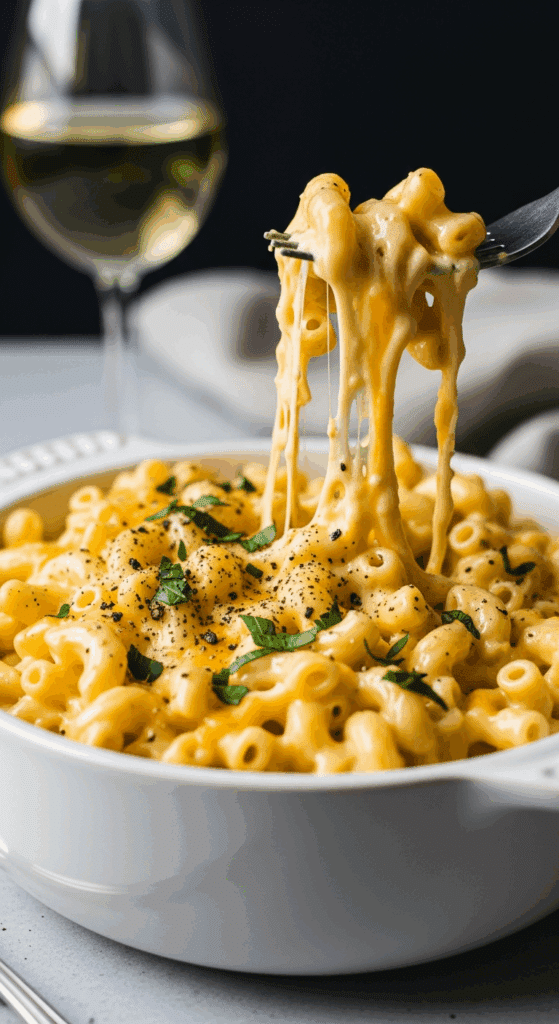 A bowl of creamy 5-cheese macaroni garnished with parsley and pepper, with a fork lifting a bite, set in a cozy dinner atmosphere.