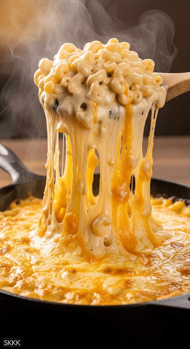 A skillet of bubbling hot 5-cheese macaroni and cheese with a large spoon lifting a scoop to reveal a dramatic, stretchy cheese pull.