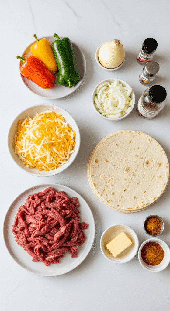 Ingredients for steak and cheese quesadillas: shaved steak, shredded cheese, tortillas, and vegetables.