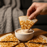 A hand dipping a steak quesadilla wedge into a savory sauce in a casual setting.