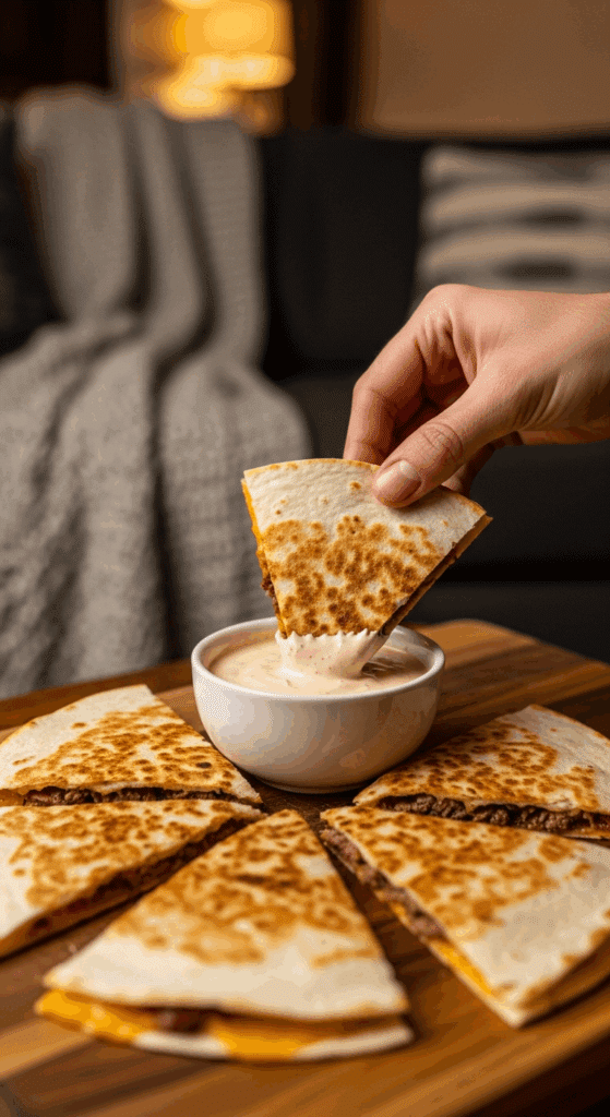 A hand dipping a steak quesadilla wedge into a savory sauce in a casual setting.