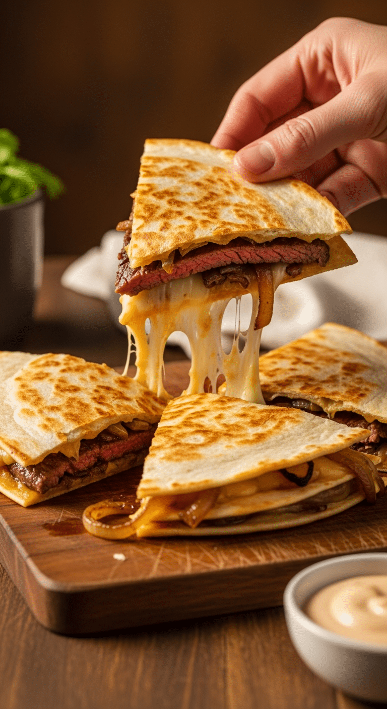 Crispy steak and cheese quesadilla cut in half with melted cheese stretching out.
