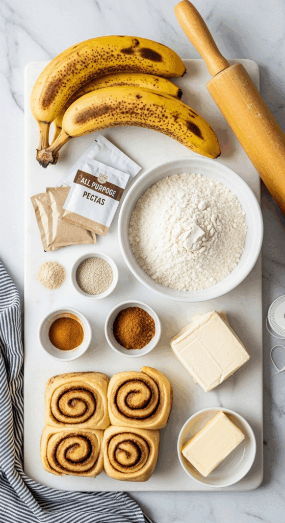 Ingredients for banana cinnamon rolls: ripe bananas, flour, yeast, cinnamon, and cream cheese.