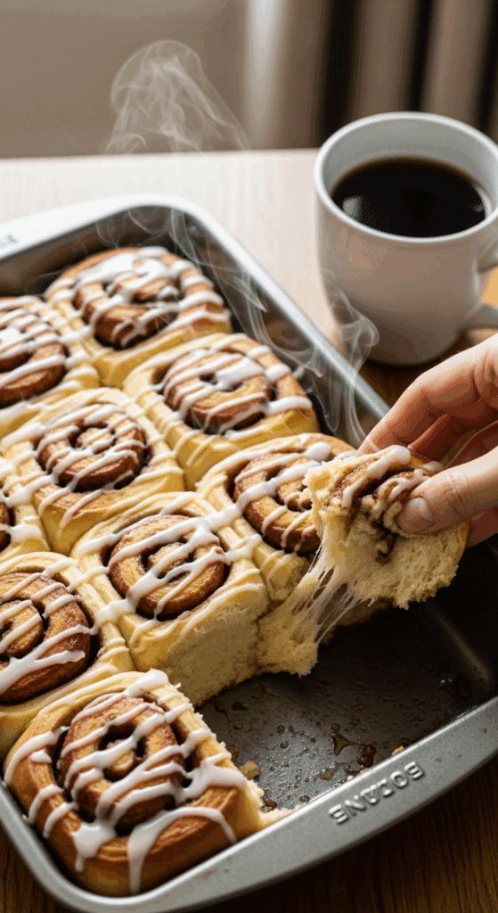Hand pulling a soft banana cinnamon roll from a baking dish.