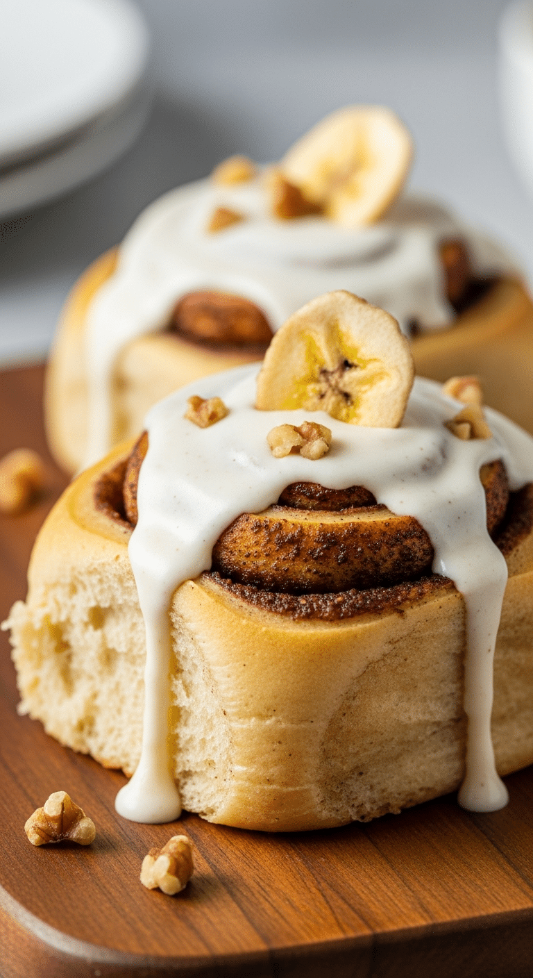 Warm banana bread cinnamon roll with cream cheese frosting and walnut garnish.