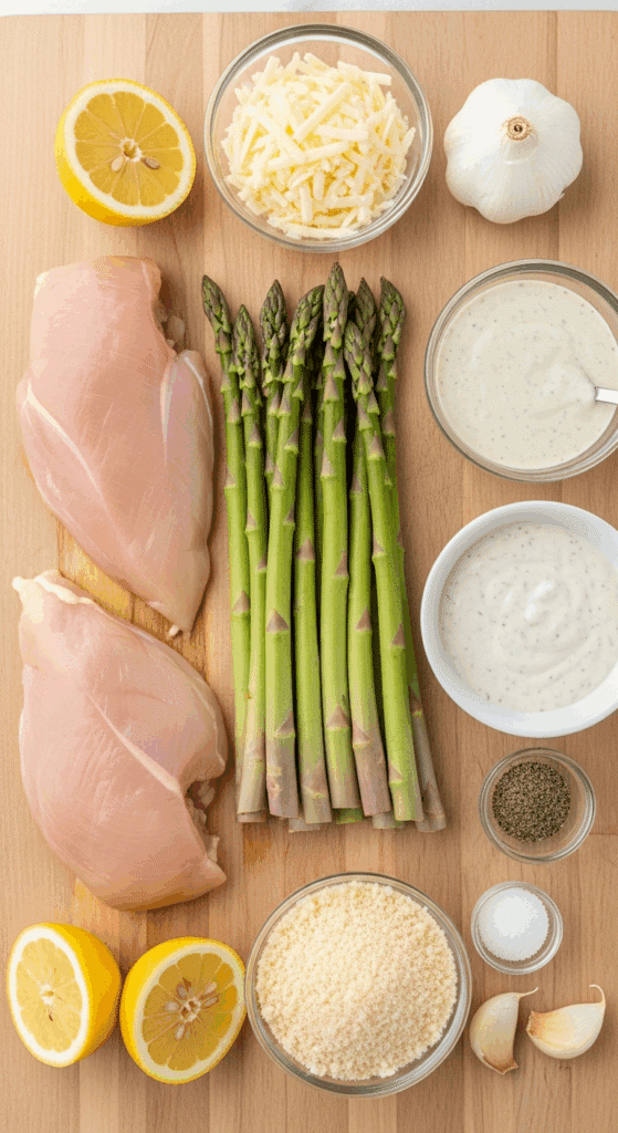 Ingredients for Caesar chicken recipe: raw chicken breasts, asparagus, Caesar dressing, Parmesan cheese, breadcrumbs, lemon, and seasonings on a wooden board.