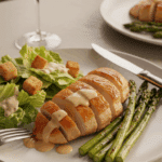 Plated serving of Caesar chicken breast and asparagus with a side salad on a dinner plate, ready to be eaten.