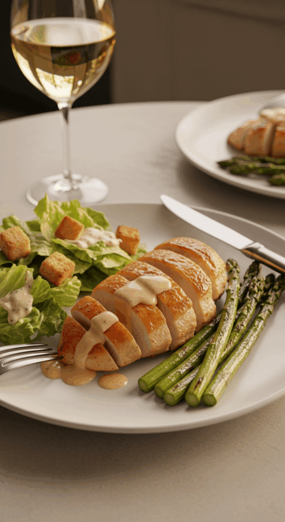 Plated serving of Caesar chicken breast and asparagus with a side salad on a dinner plate, ready to be eaten.