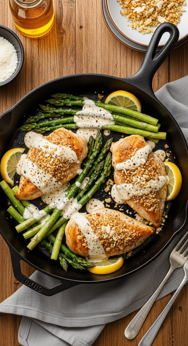 Top-down view of a cast iron skillet with baked Caesar chicken breasts and roasted asparagus, topped with creamy sauce, Parmesan, and breadcrumbs.
