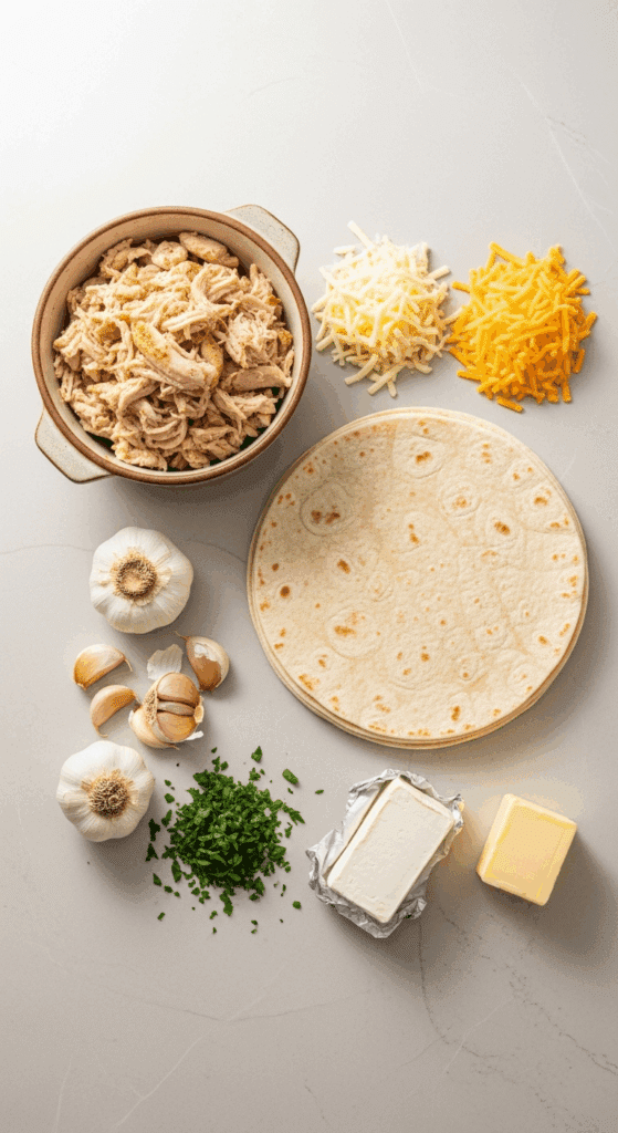 Ingredients for chicken wraps: tortillas, shredded chicken, cheese, garlic, and herbs.