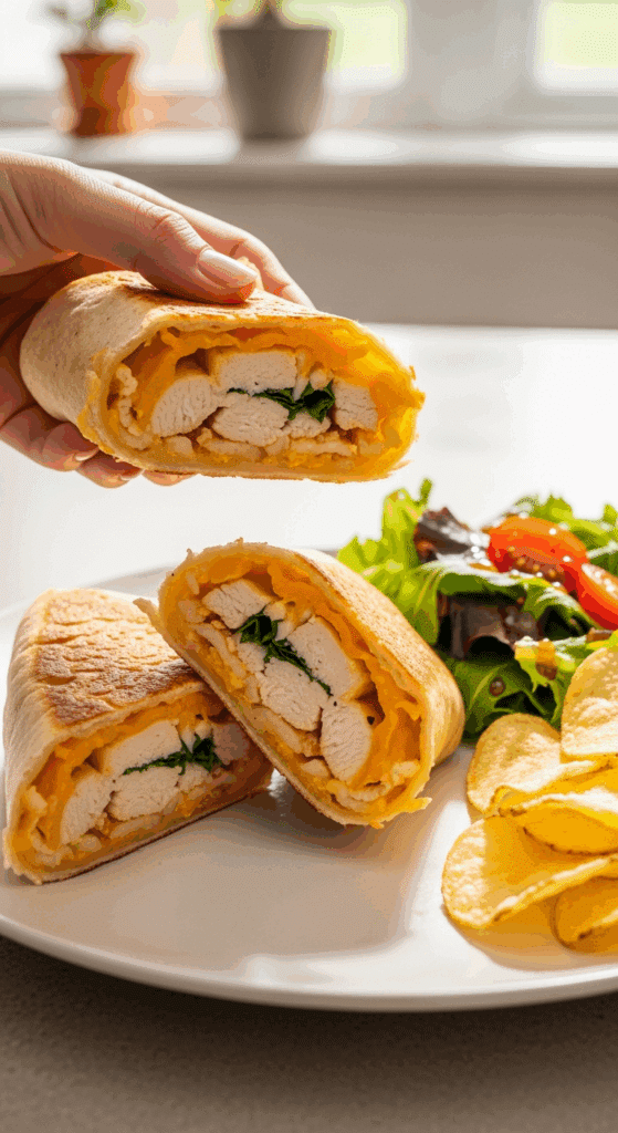 A hand holding a crispy cheesy garlic chicken wrap on a plate with salad and chips.
