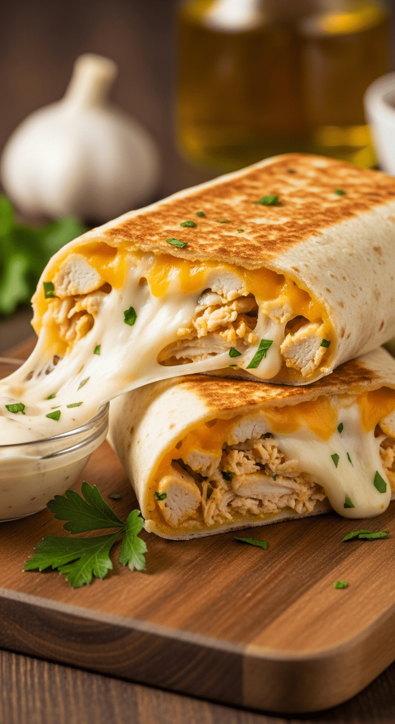 Crispy garlic chicken wrap cut in half showing melted cheese stretching out.