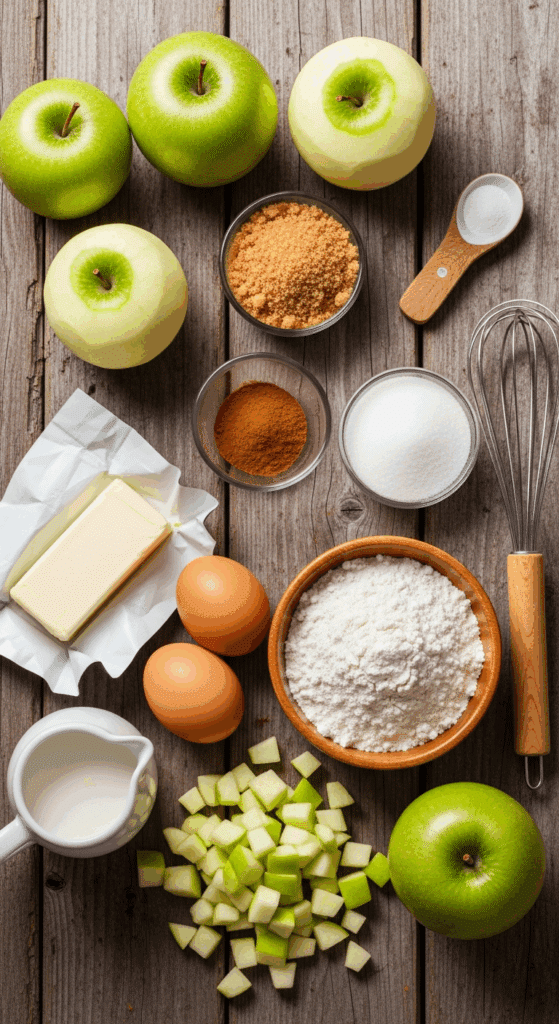 Ingredients for apple fritter bread: Granny Smith apples, flour, sugar, cinnamon, and butter.