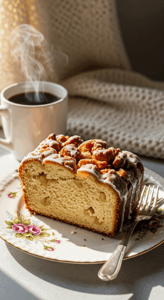 Slice of apple fritter bread served with coffee on a vintage plate.