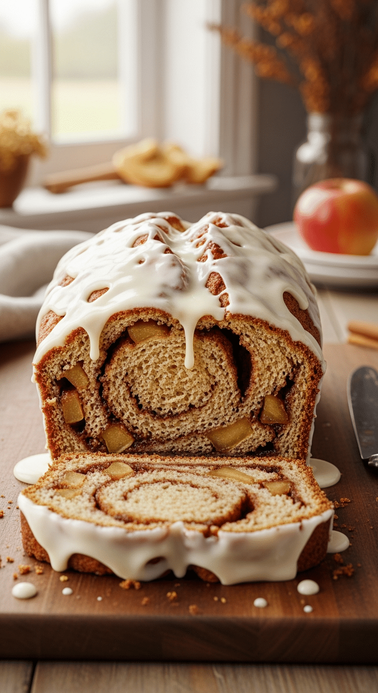Loaf of country apple fritter bread with dripping vanilla glaze and cinnamon apple swirls.