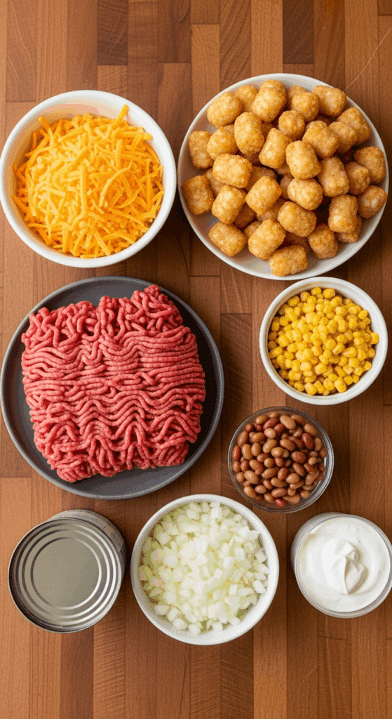 Ingredients for Cowboy Casserole arranged on a wooden table, including ground beef, tater tots, cheddar cheese, corn, and onions.