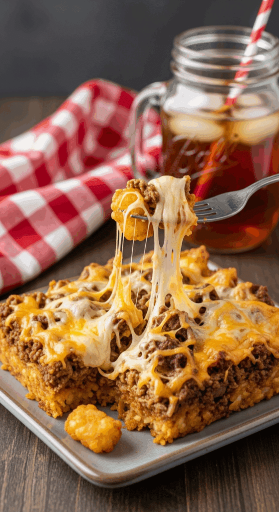 A serving of Cowboy Casserole on a plate with a fork, showing the cheesy texture and tater tots, served with a drink in the background.