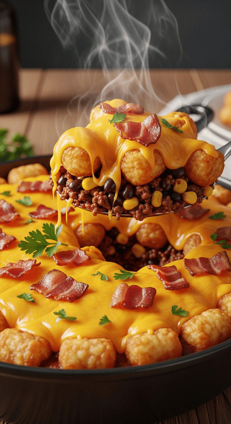 Freshly baked Cowboy Casserole topped with crispy tater tots and melted cheese in a baking dish, with a scoop being lifted to show the beef and corn filling.