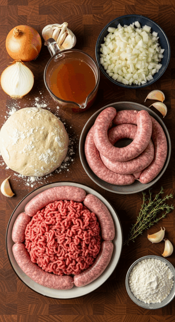 Overhead view of raw ingredients for a deep meat pie, including ground beef, sausage, pie dough, onions, herbs, and broth arranged on a wooden counter.
