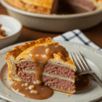 A slice of savory deep-dish hamburger and sausage pie covered in gravy, served on a rustic plate with a fork ready to eat.