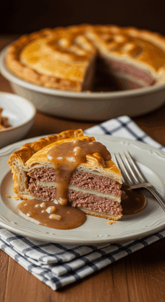 A slice of savory deep-dish hamburger and sausage pie covered in gravy, served on a rustic plate with a fork ready to eat.