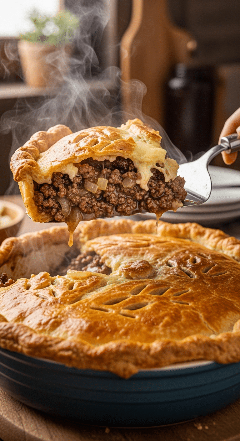 A deep-dish hamburger and sausage meat pie with a golden crust, with a slice being lifted to show the thick, savory meat filling and gravy.